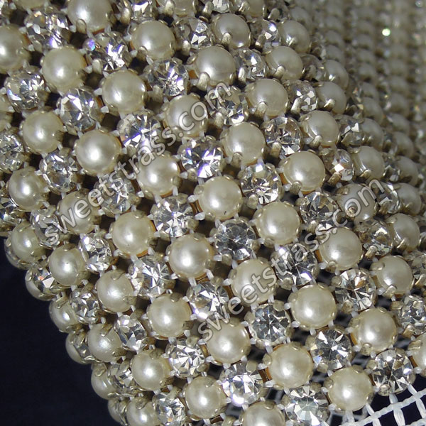 白色珍珠+玻璃钻24排网纱底排钻 婚纱装饰配件